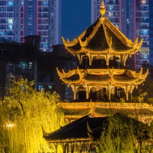 Chengdu city skyline at night with WangJiangLou pagoda