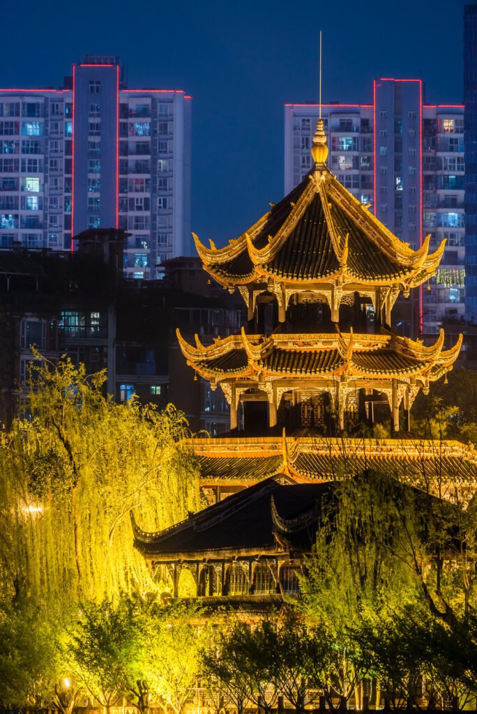 Chengdu city skyline at night with WangJiangLou pagoda