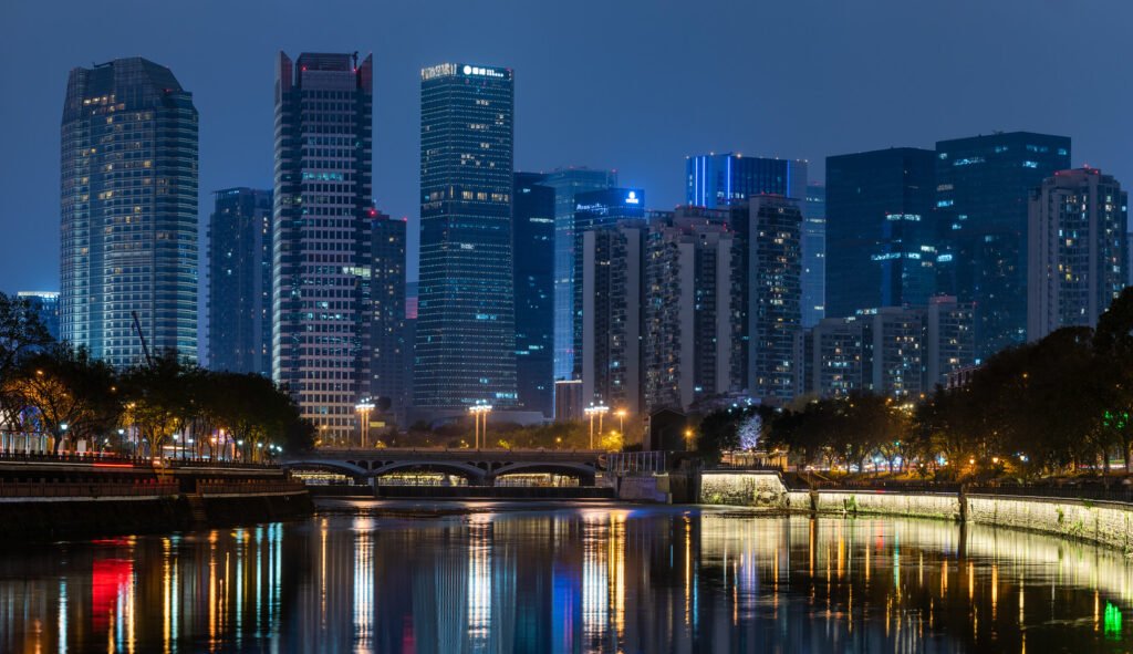 Chengdu skyline at night from Jinjiang river banks
