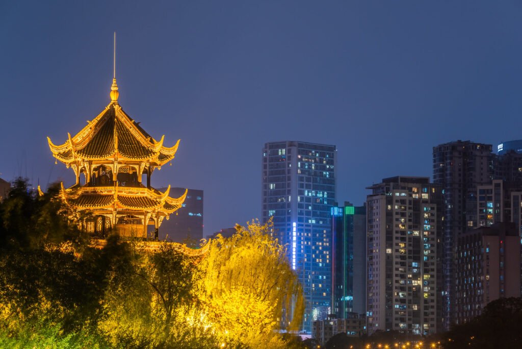 Chengdu city skyline at night with WangJiangLou pagoda
