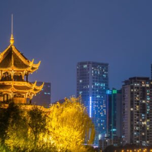 Chengdu city skyline at night with WangJiangLou pagoda