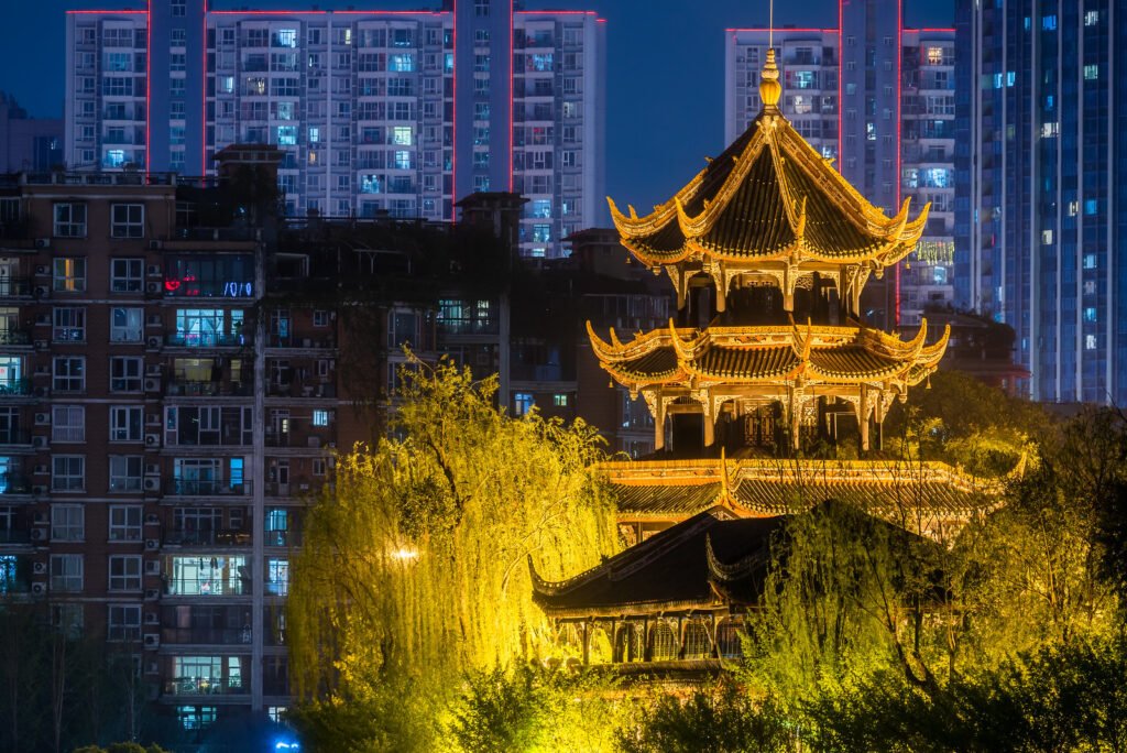 Chengdu city skyline at night with WangJiangLou pagoda