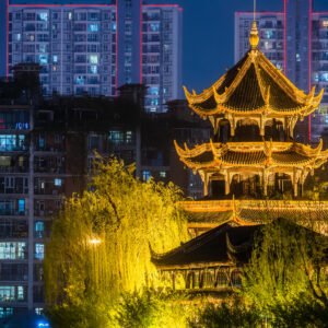 Chengdu city skyline at night with WangJiangLou pagoda