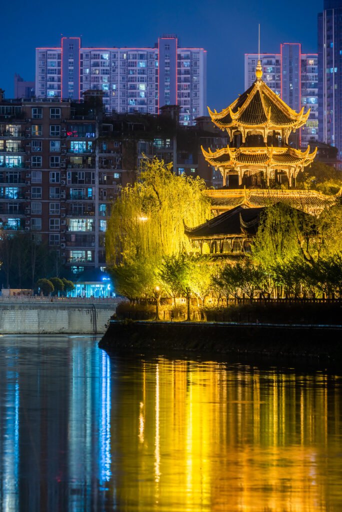 Chengdu city skyline at night with WangJiangLou pagoda
