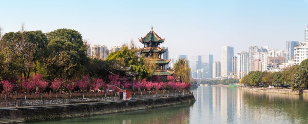 WangJiangLou pagoda with trees in bloom in Chengdu