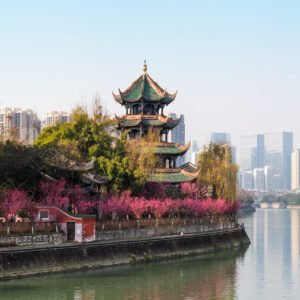WangJiangLou pagoda with trees in bloom in Chengdu